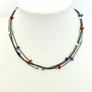 Vintage Silpada Three Strand Oxidized Sterling Necklace w/Pearls and Gemstones